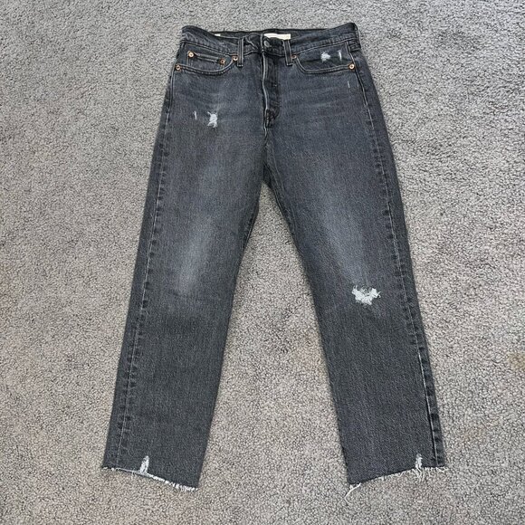 LEVI'S BIG "E" Wedgie Straight High Rise Cropped Raw Hem Black Wash Size: 28X26 - Picture 1 of 11